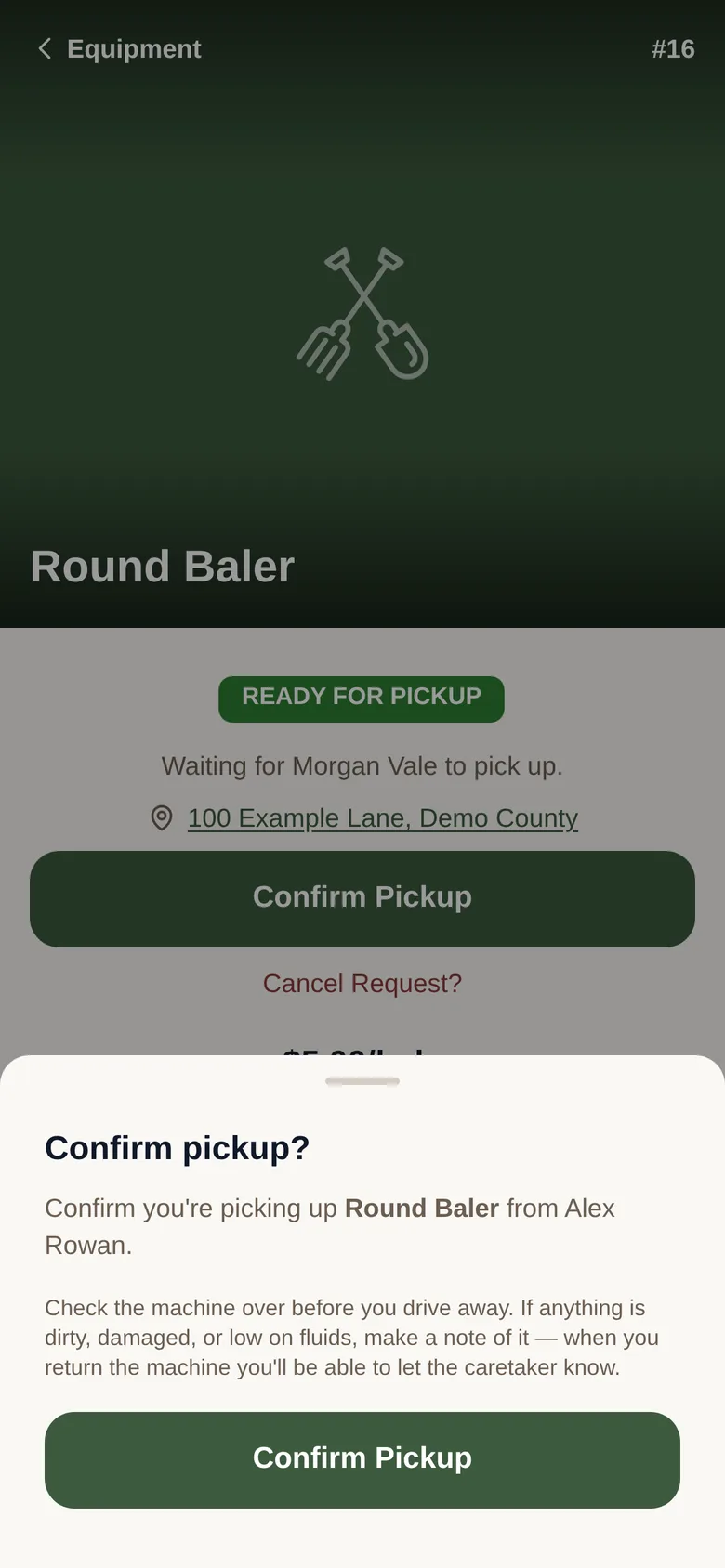FieldBook on a phone: a Confirm pickup sheet for a round baler, reminding the member to check the machine for dirt, damage or low fluids before driving away.