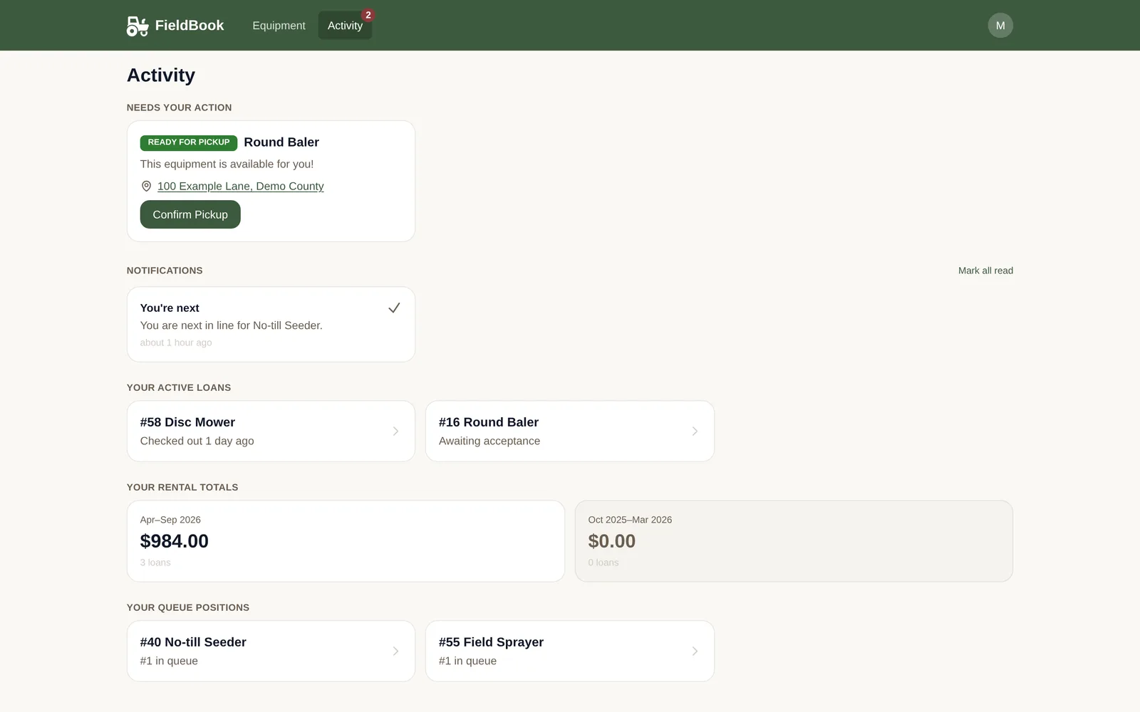 A member’s Activity page in FieldBook: a round baler ready for pickup with a Confirm Pickup button, a notification that they’re next for a no-till seeder, their active loans, rental totals and queue positions.