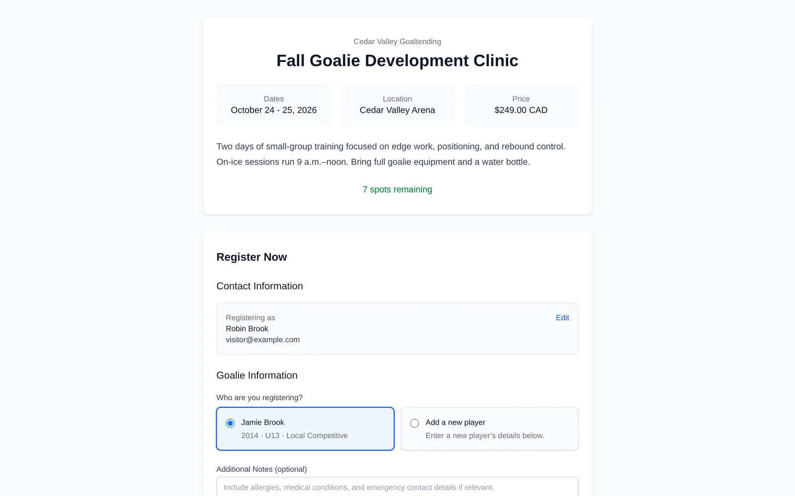 A public clinic page in GoalieBook with dates, location, price and spots remaining, above a registration form where a signed-in parent picks a saved goalie.