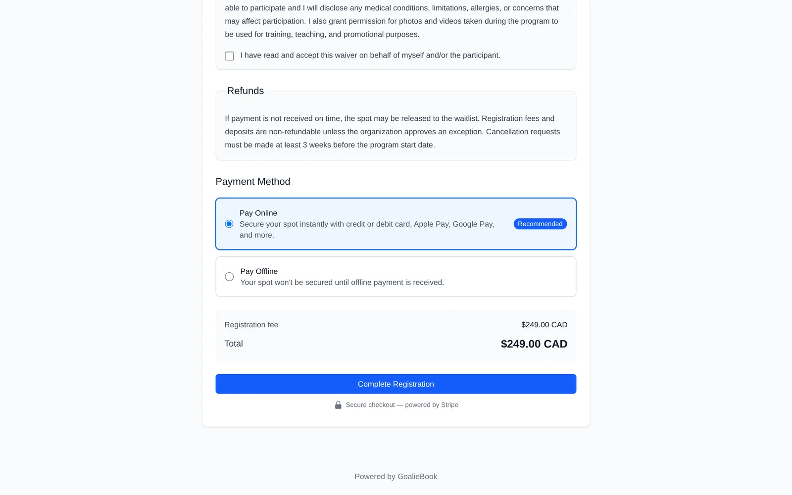 The payment step of a GoalieBook registration, offering Pay Online by card or Pay Offline, with a note that an offline spot isn’t secured until payment is received.