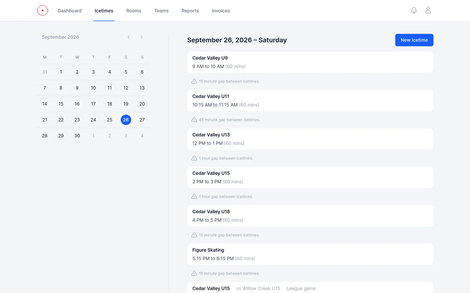 RinkBook’s daily schedule for an operator: a mini calendar beside a list of the day’s ice times, with the gaps between bookings noted.