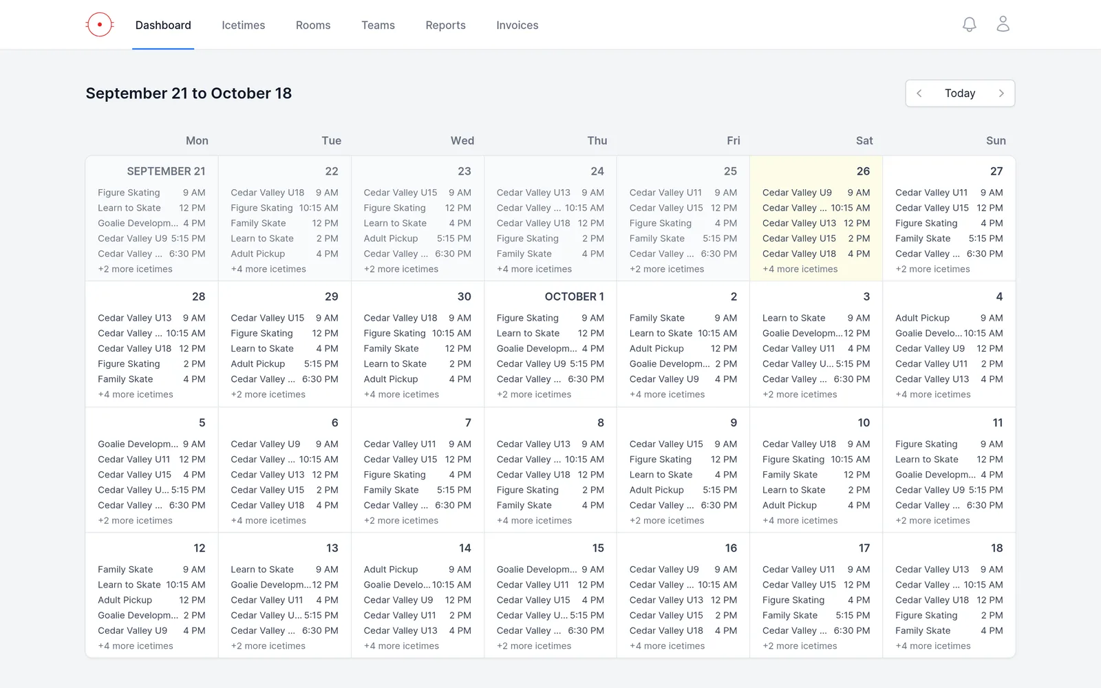 RinkBook’s operator calendar for a four-week period, with each day listing scheduled ice times for teams, skating programs and adult pickup.