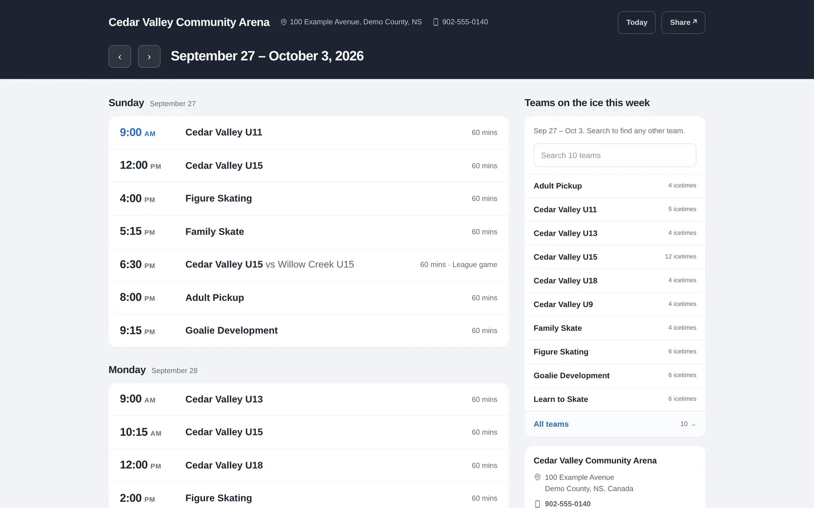 A rink’s public schedule in RinkBook, listing the week’s ice times by day alongside the teams on the ice that week.